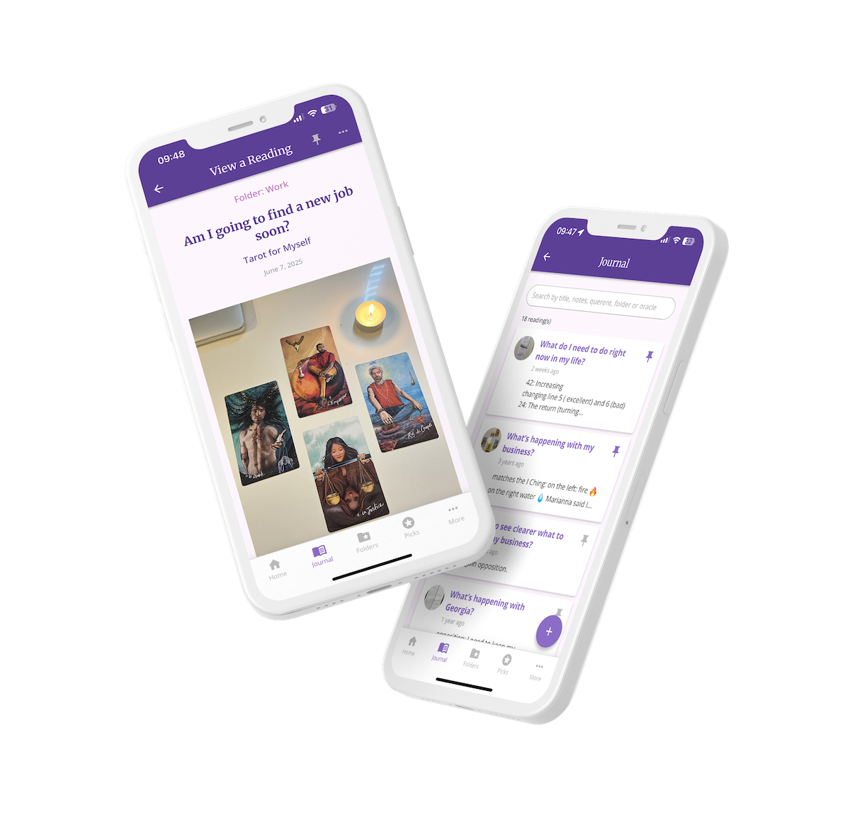 Tarot reading log and view the reading screens